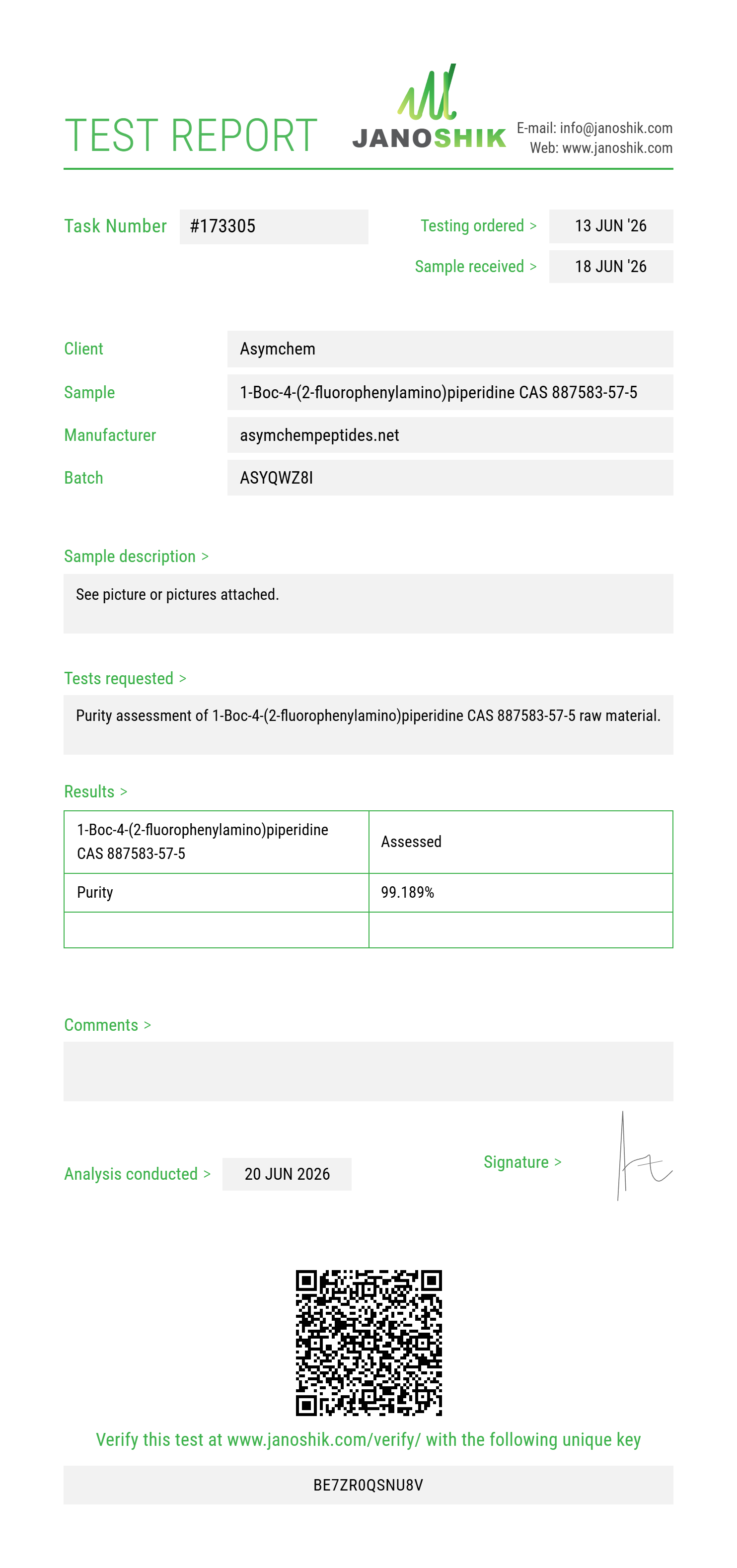 1-Boc-4-(2-fluorophenylamino)piperidine CAS 887583-57-5 Purity (HPLC) report by Janoshik Analytical