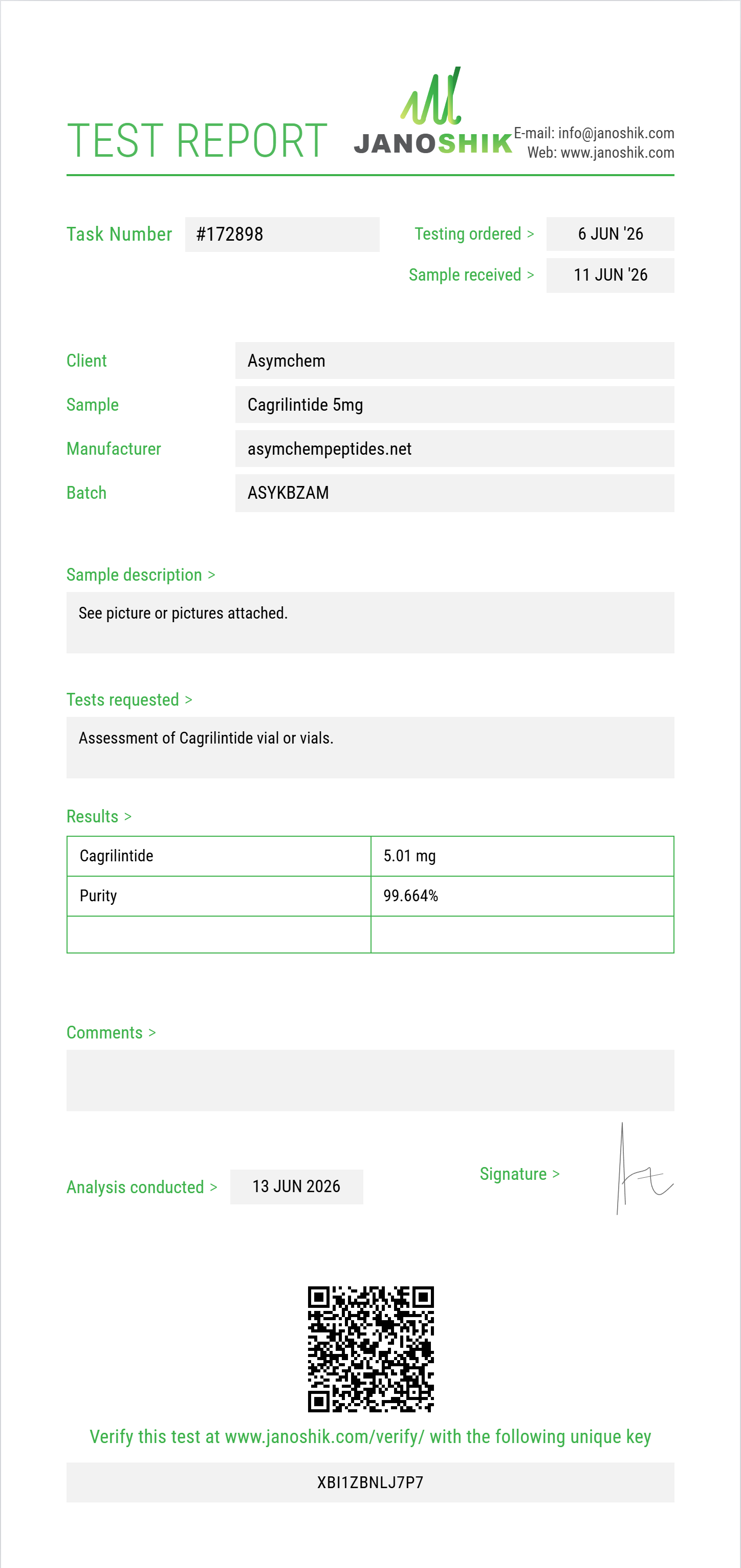 Cagrilintide Purity (HPLC) report by Janoshik Analytical