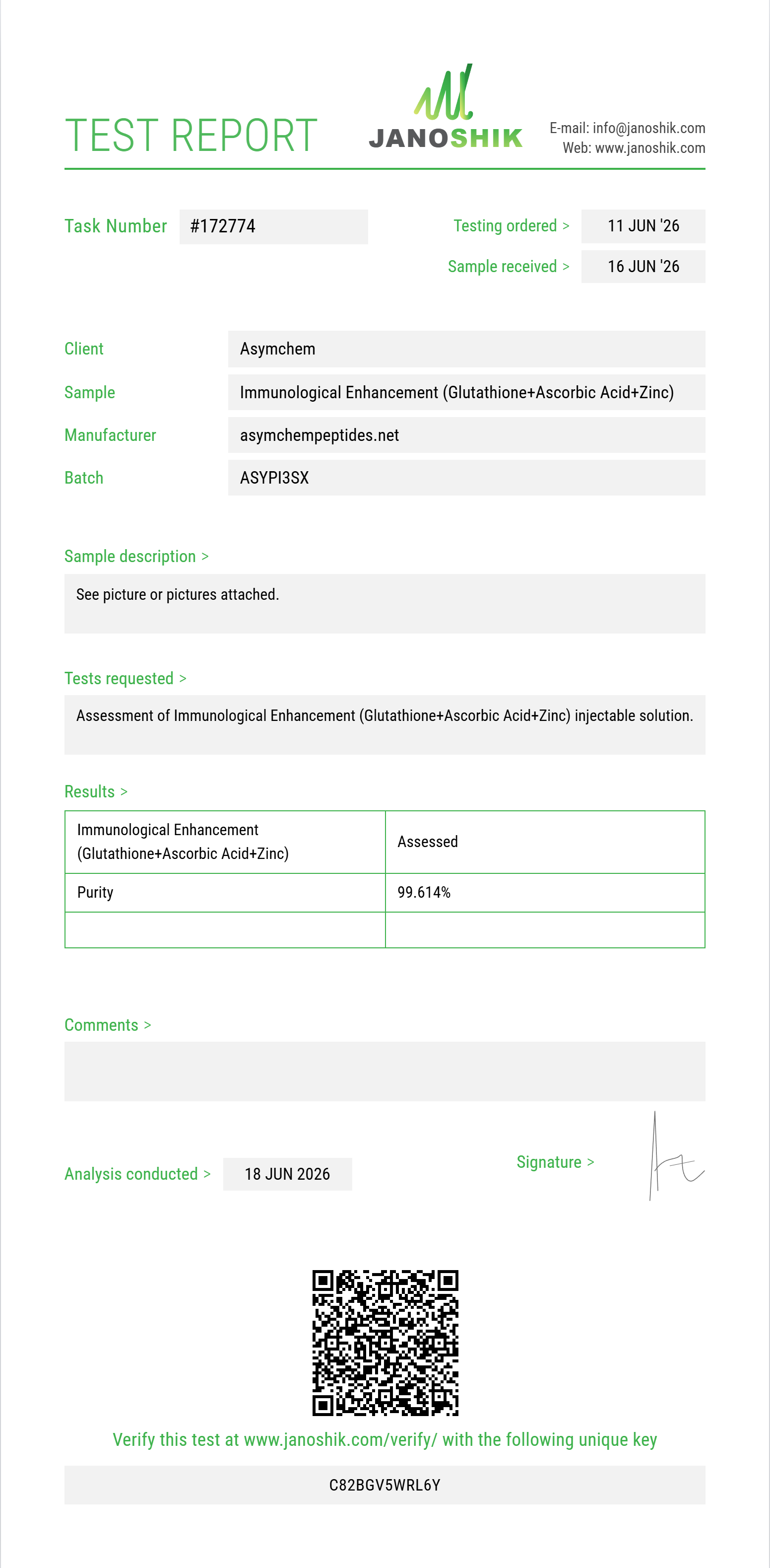 Immunological Enhancement (Glutathione 200mg+Ascorbic Acid 200mg+Zinc Sulfate 2.5mg) Purity (HPLC) report by Janoshik Analytical