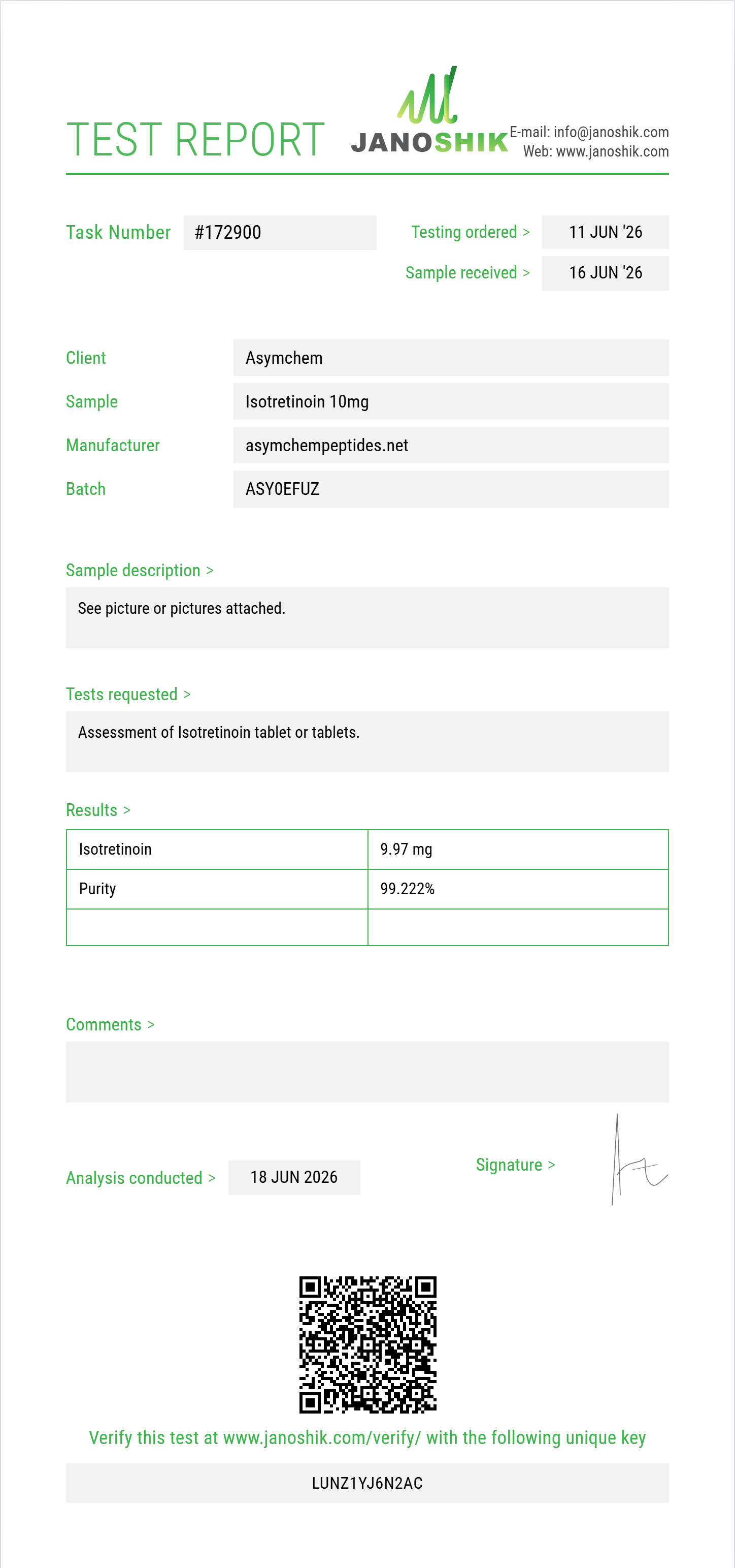 Isotretinoin Purity (HPLC) report by Janoshik Analytical