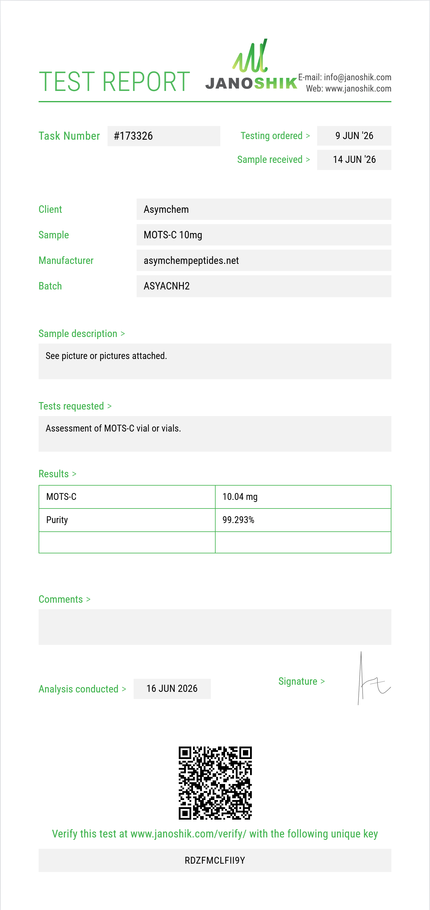 MOTS-C Purity (HPLC) report by Janoshik Analytical