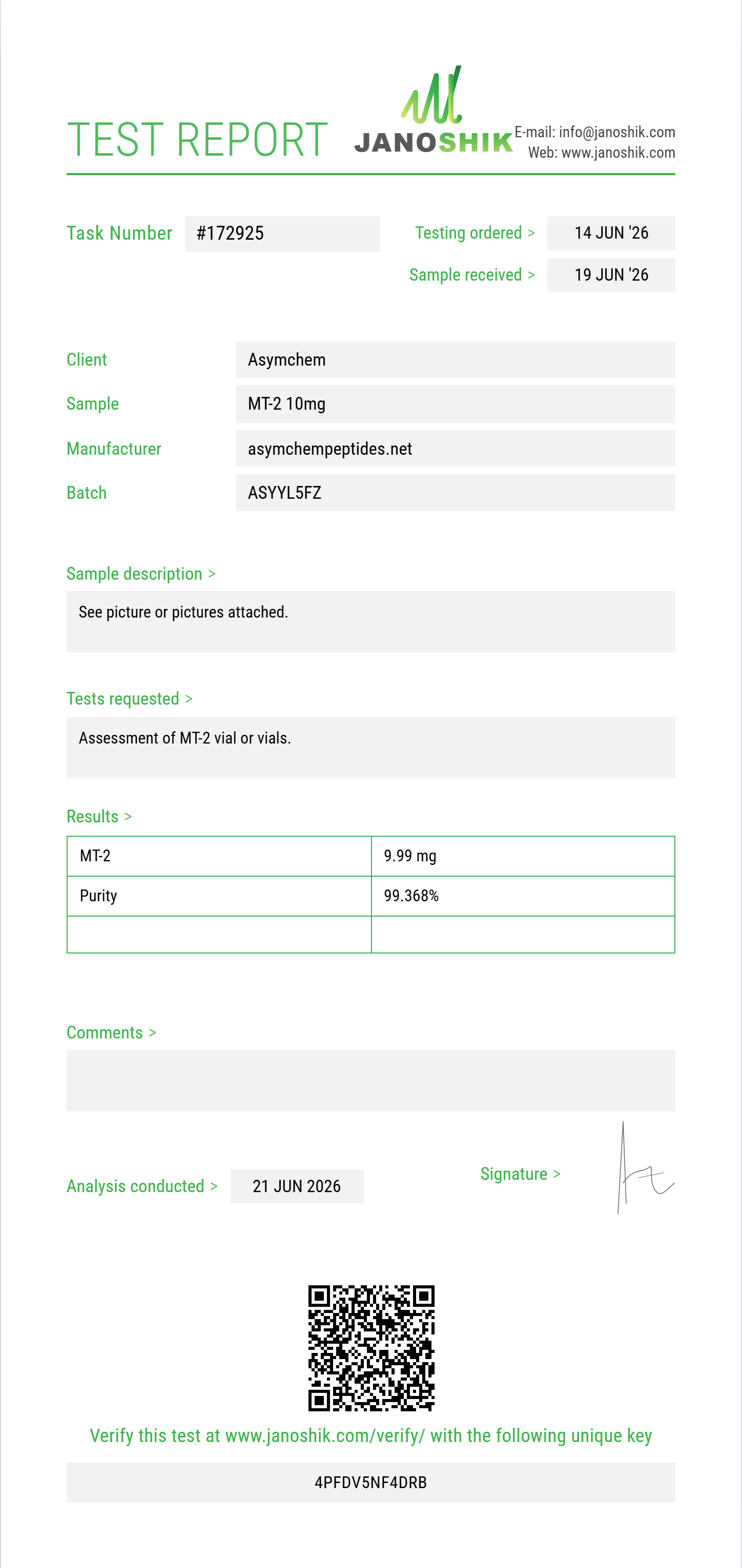 MT-2 Purity (HPLC) report by Janoshik Analytical