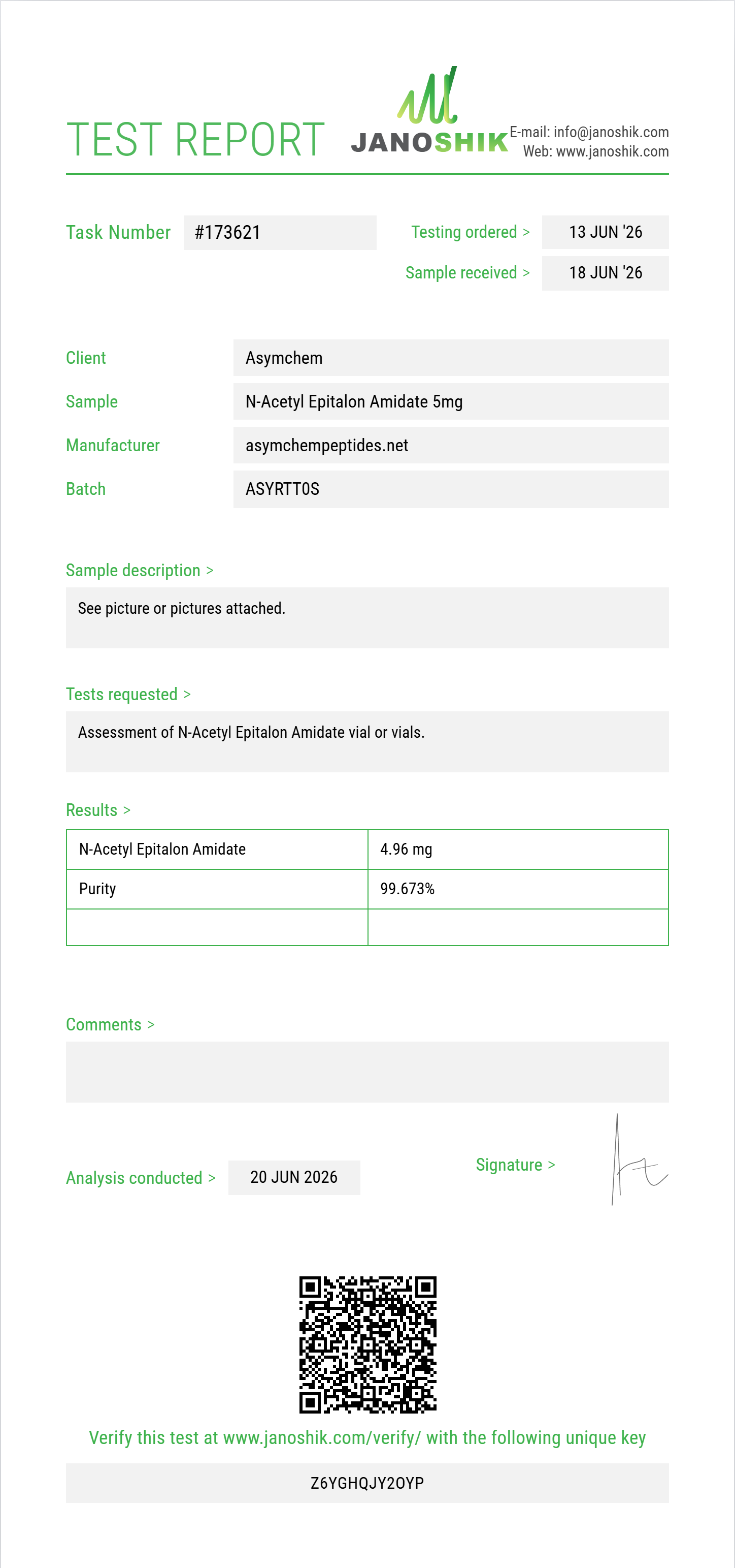 N-Acetyl Epitalon Amidate Purity (HPLC) report by Janoshik Analytical