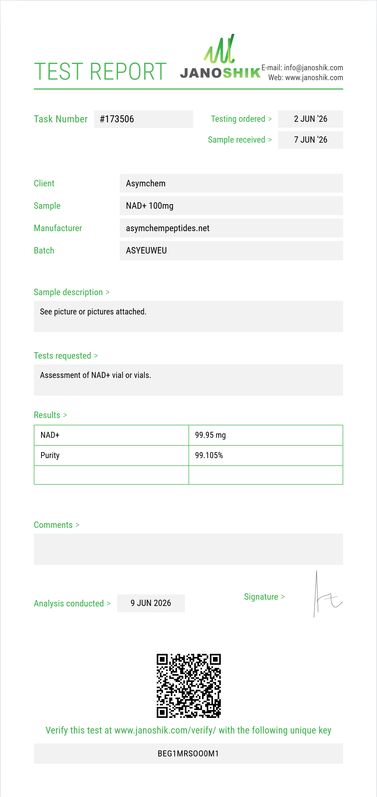 NAD+ Purity (HPLC) report by Janoshik Analytical