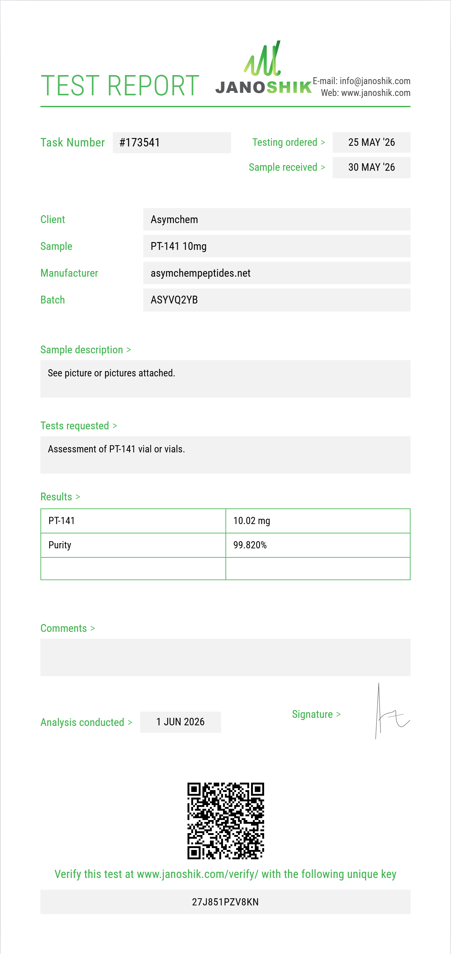 PT-141 Purity (HPLC) report by Janoshik Analytical