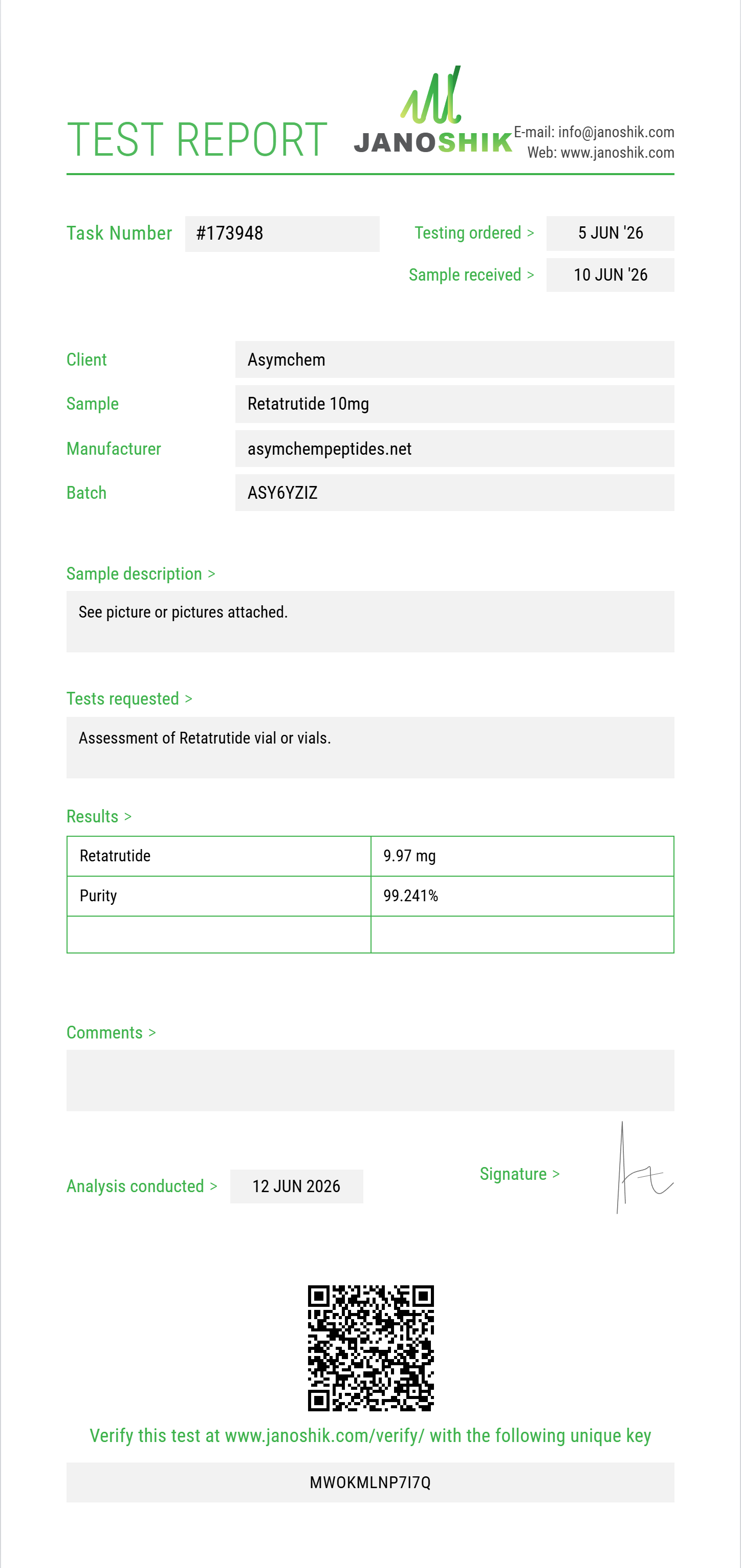 Retatrutide Purity (HPLC) report by Janoshik Analytical