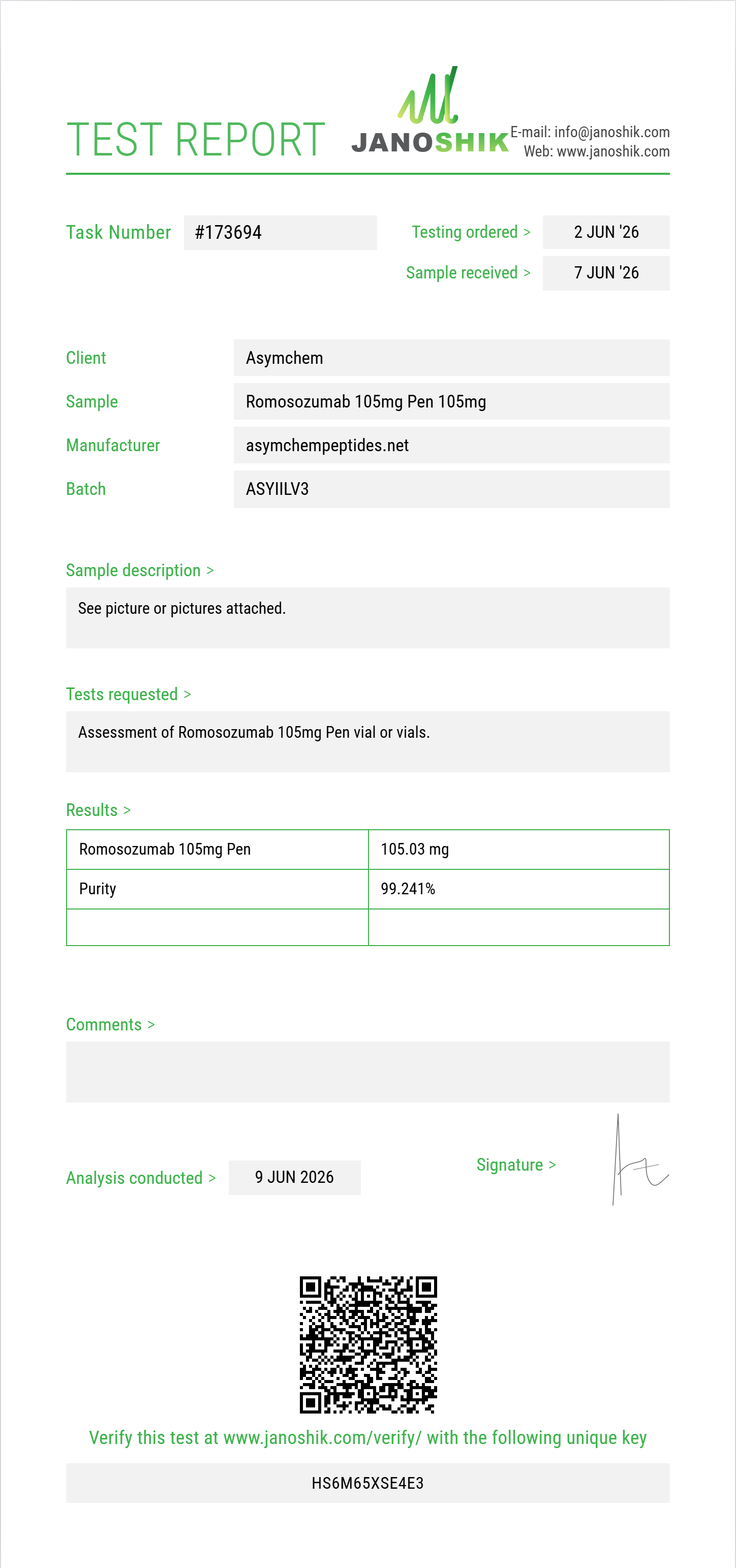 Romosozumab Purity (HPLC) report by Janoshik Analytical