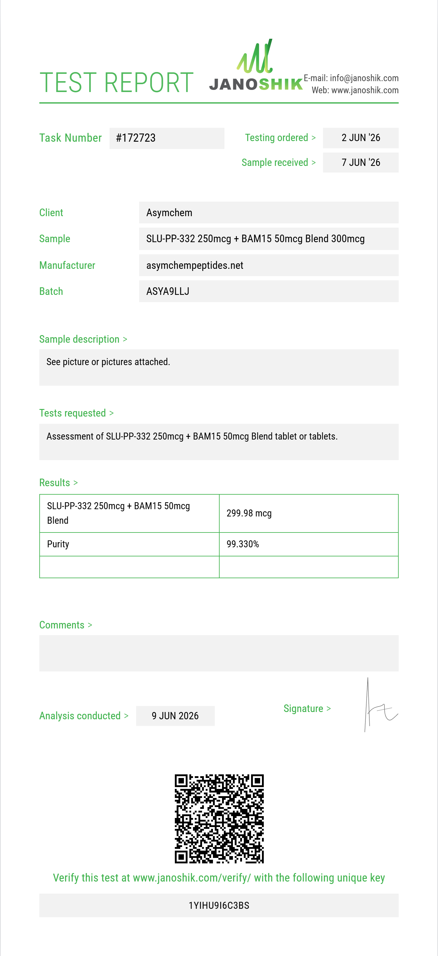 SLU-PP-332 250mcg + BAM15 50mcg Blend Purity (HPLC) report by Janoshik Analytical