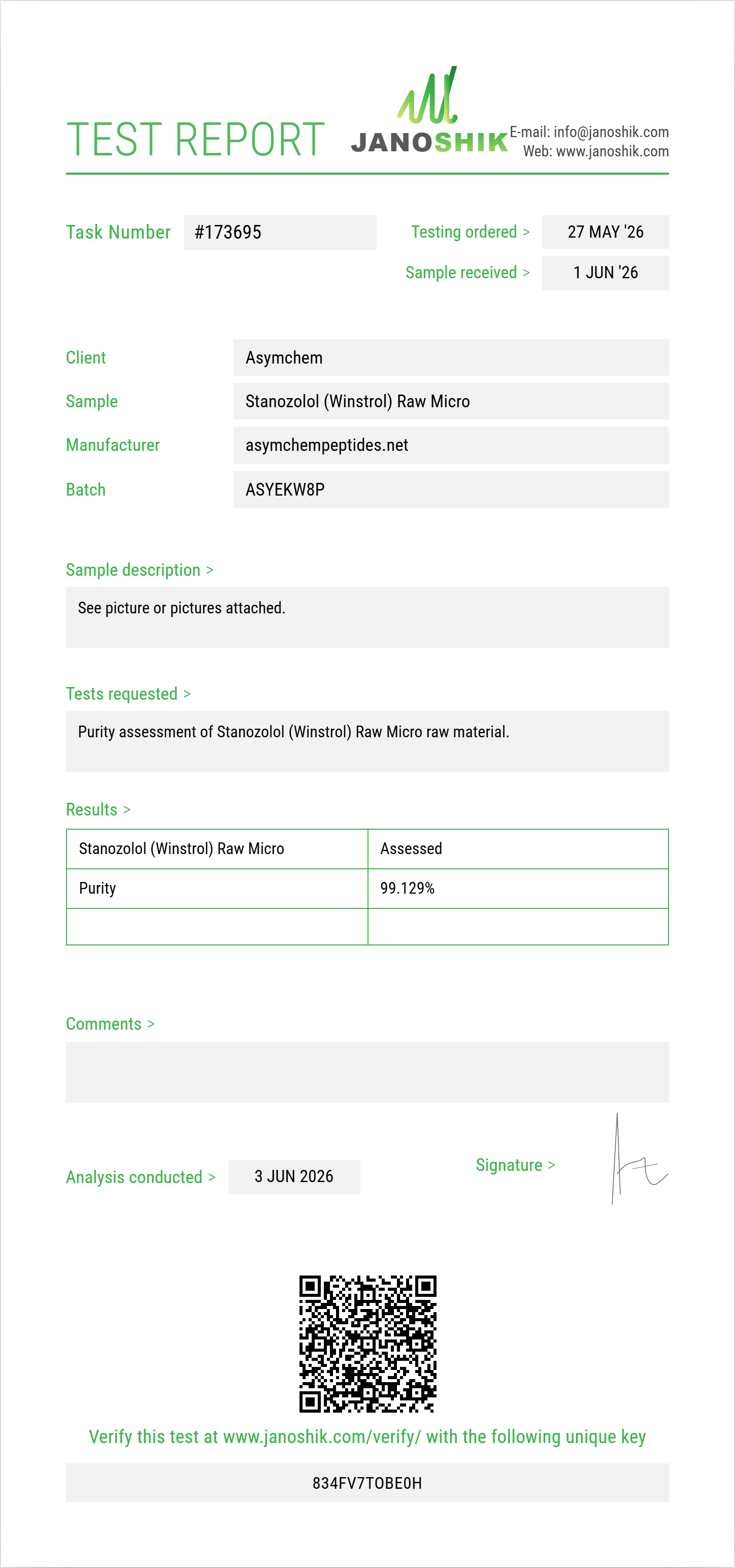 Stanozolol (Winstrol) Raw Purity (HPLC) report by Janoshik Analytical