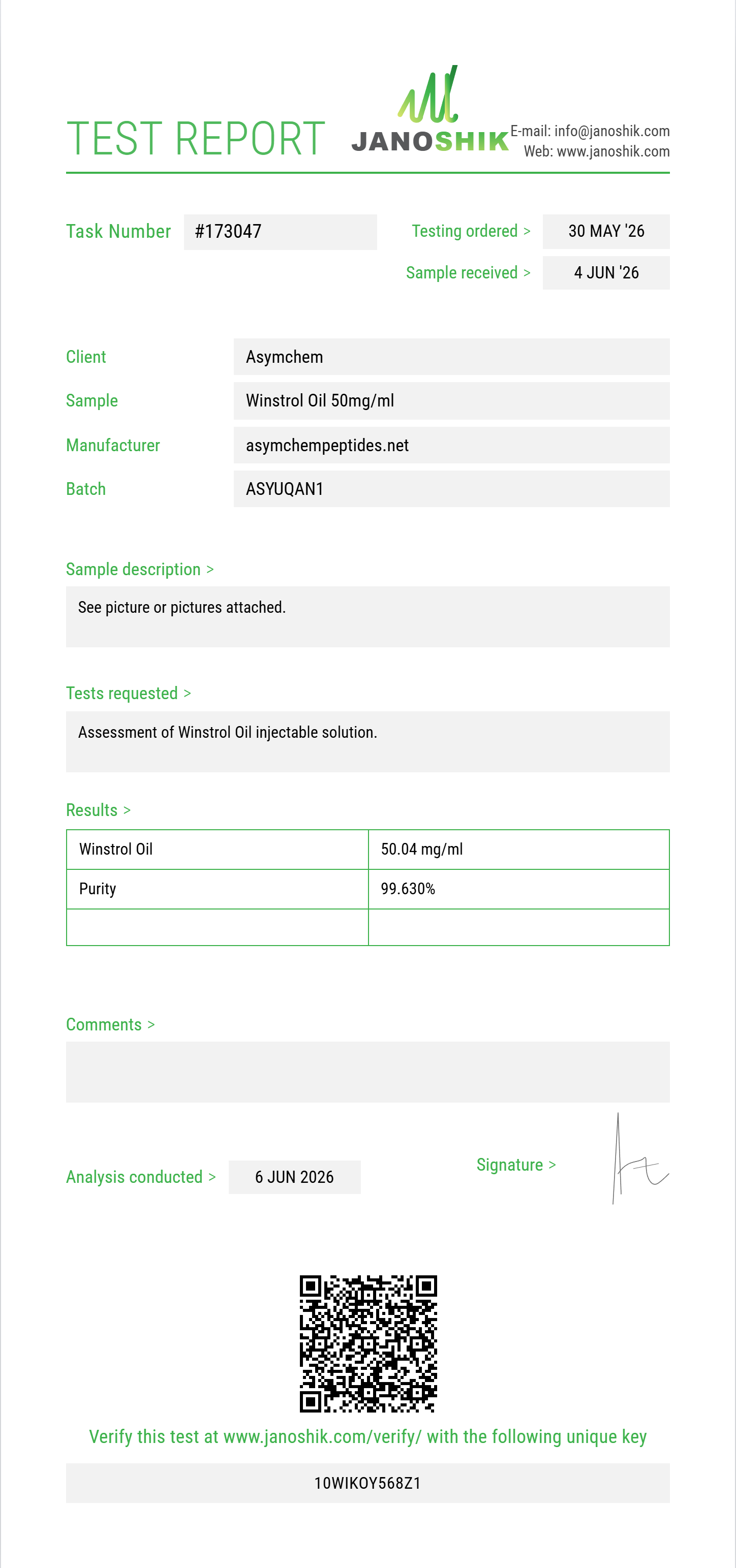 Winstrol Oil Purity (HPLC) report by Janoshik Analytical