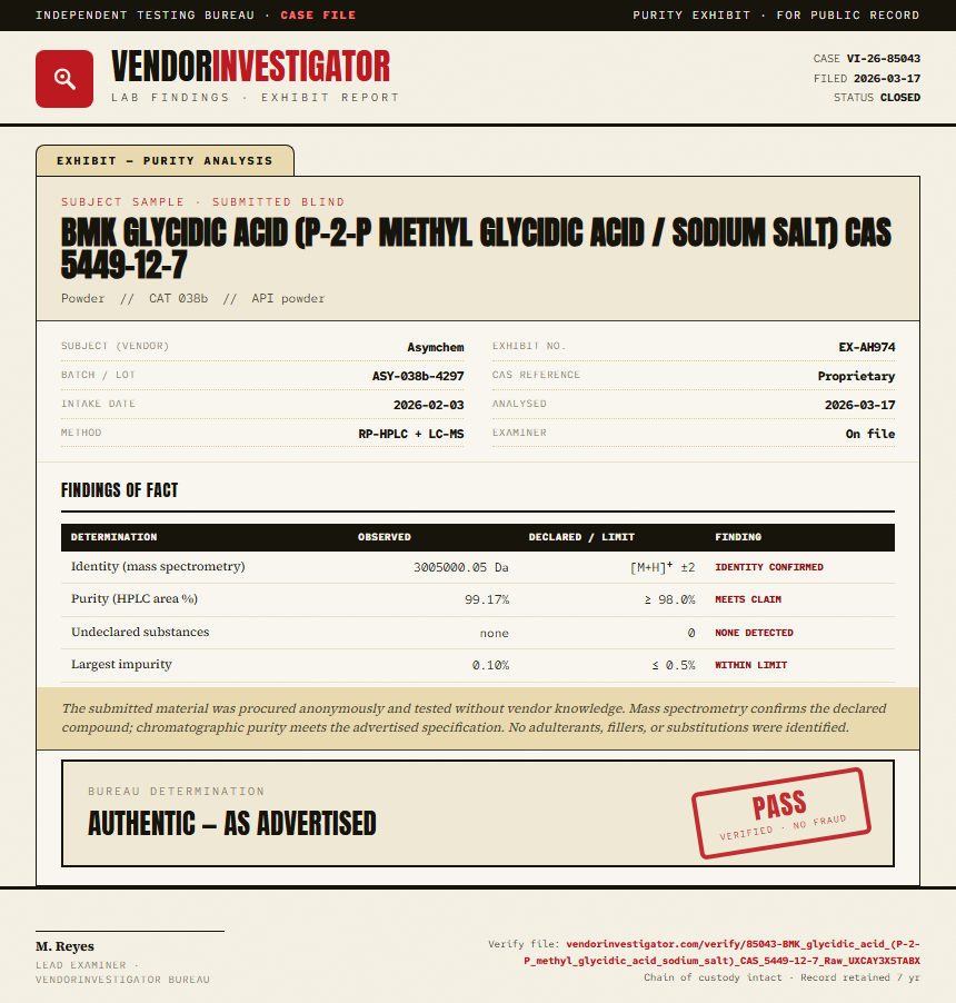 BMK glycidic acid (P-2-P methyl glycidic acid / sodium salt) CAS 5449-12-7 Purity (HPLC) report by VendorInvestigator