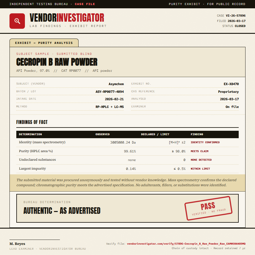 Cecropin B Raw Powder Purity (HPLC) report by VendorInvestigator