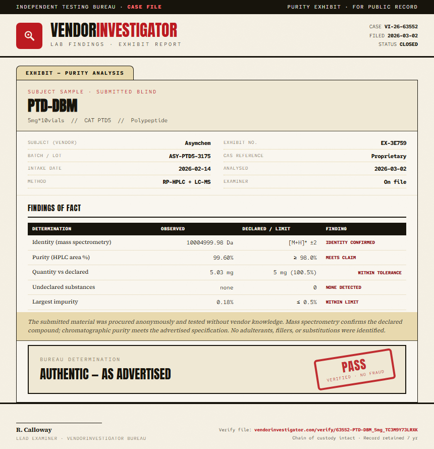 PTD-DBM Purity (HPLC) report by VendorInvestigator