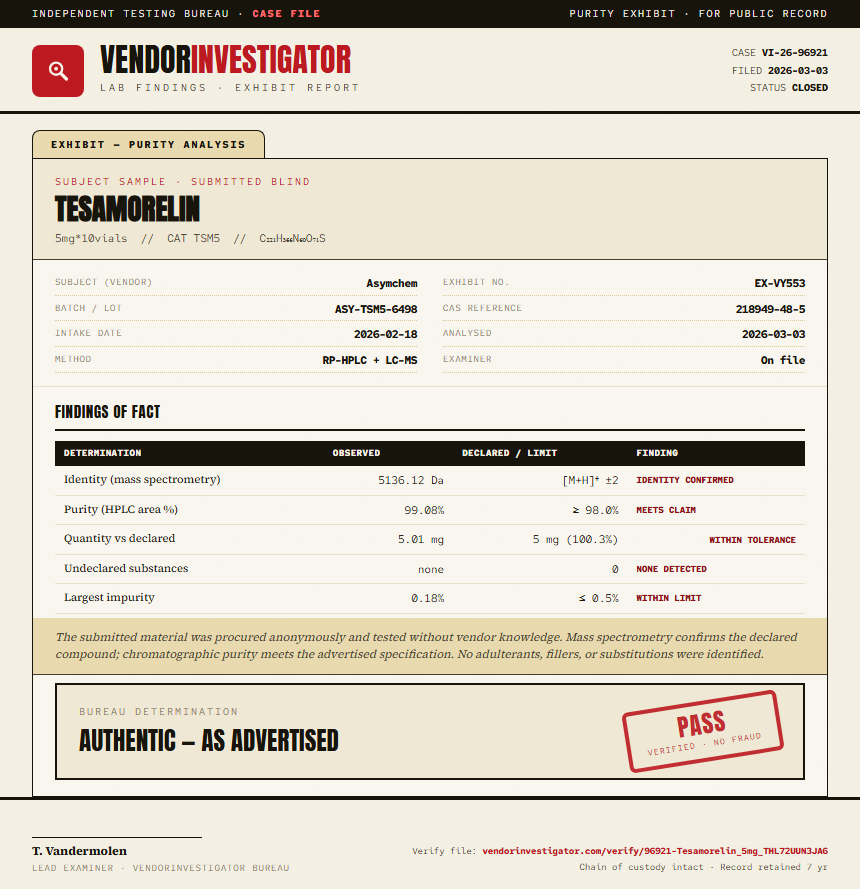 Tesamorelin Purity (HPLC) report by VendorInvestigator