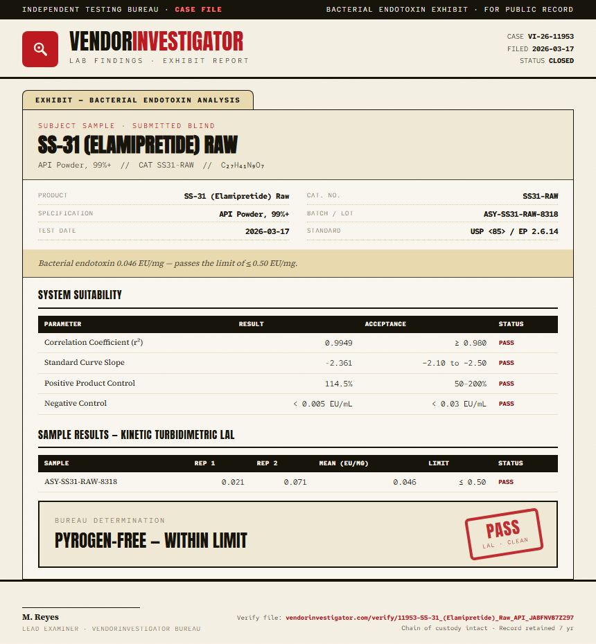 SS-31 (Elamipretide) Raw Endotoxin report by VendorInvestigator
